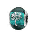 Charms Thabora en argent rhodi&eacute; et verre de Murano v&eacute;ritable bleu-vert avec arbre de vie argent&eacute;