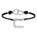 Bracelet en argent rhodi&eacute; cordon fin doubl&eacute; noir interchangeable avec menottes au milieu - longueur 16cm + 4cm de rallonge Artemare