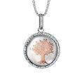 Collier en argent rhodi&eacute; cha&icirc;ne avec pendentif rond de 14mm en nacre blanche v&eacute;ritable avec arbre de vie rose et tour diamant&eacute; - longueur 42cm + 3cm de rallonge Artemare