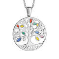 Collier en argent rhodi&eacute; cha&icirc;ne avec pendentif arbre de vie ajour&eacute; et feuilles multicolores - longueur 42cm + 3cm de rallonge