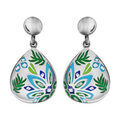 Boucles d'oreilles Stella Mia en acier et nacre goutte suspendue avec motif plantes bleu vert - fermoir poussette