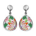 Boucles d'oreilles Stella Mia en acier et nacre goutte suspendue avec motif plantes orange, jaune, rose et vert et fermoir poussette
