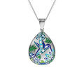 Collier en acier et nacre Stella Mia forme ovale avec motifs colibris bleu vert en 45cm+10cm