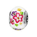 Charms Thabora en argent rhodi&eacute; et verre de Murano v&eacute;ritable blanc avec fleurs tropicales roses et violettes Artemare