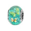 Charms Thabora en argent rhodi&eacute; et verre de Murano v&eacute;ritable bleu vert paillet&eacute; avec papillons verts et jaunes Artemare