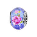 Charms Thabora en argent rhodi&eacute; et verre de Murano v&eacute;ritable bleu paillet&eacute; avec fleurs roses