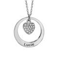 Collier en argent rhodi&eacute; cha&icirc;ne avec pendentif anneau pr&eacute;nom &agrave; graver et coeur suspendu - longueur 40cm + 5cm de rallonge