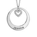 Colliers sur Artemare : Collier en argent rhodi&eacute; cha&icirc;ne avec pendentif anneau pr&eacute;nom &agrave; graver et coeur d'oxydes blancs suspendu - longueur 40cm + 5cm de rallonge