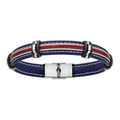 Bracelet en cuir bleu marine et 2 brins rouges au milieu entour&eacute;s de 2 c&acirc;bles en acier gris - longueur 20cm