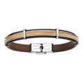 Bracelet en cuir marron avec 2 c&acirc;bles en acier gris et 2 fils clairs au milieu - longueur 20cm