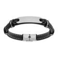 Bracelet en cuir noir avec plaque allong&eacute;e en acier - longueur 21cm r&eacute;glable