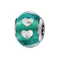 Bracelets sur Artemare : Charms Thabora en argent rhodi&eacute; et verre de Murano v&eacute;ritable bleu vert avec coeurs argent&eacute;s