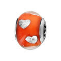 Charms Thabora en argent rhodi&eacute; et verre de Murano v&eacute;ritable orange avec coeurs argent&eacute;s