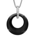Collier en argent rhodi&eacute; cha&icirc;ne avec pendentif cercle c&eacute;ramique noire barrette oxydes sertis 42+3cm Artemare