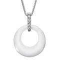 Collier en argent rhodi&eacute; cha&icirc;ne avec pendentif cercle c&eacute;ramique blanche barrette oxydes sertis 42+3cm