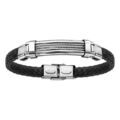 Bracelet en acier et cuir noir tresse 3 rangs c&acirc;ble gris 21cm r&eacute;glable Artemare