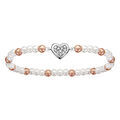 Bracelet enfant elastique perles blanche et rose motif coeurs argent rhodi&eacute; et oxydes blancs sertis