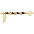 Bracelet en argent et dorure jaune cha&icirc;ne avec boules diamant&eacute;es pierres noires et aile d'ange - longueur 16+3cm