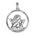 Pendentif m&eacute;daille en argent rhodi&eacute; Ange contour ajour&eacute; diamant&eacute; Artemare