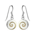 Boucles d'oreille pendantes en argent rhodi&eacute; ronde 10mm coquillage oeil de sainte lucie et fermoir crochet