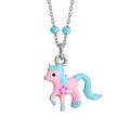 Collier en argent rhodi&eacute; avec pendentif poney rose et bleu longueur 36+3cm