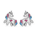 Boucles d'oreille enfant argent rhodi&eacute; licorne blanche rose et bleu et fermoir poussette