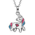 Collier en argent rhodi&eacute; avec pendentif licorne blanc, rose et bleu longueur 16+2cm