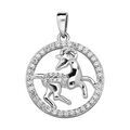 Pendentif en argent rhodi&eacute; rond avec signe du zodiaque B&eacute;lier et contour d'oxydes blancs sertis Artemare