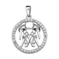 Pendentif en argent rhodi&eacute; rond avec signe du zodiaque G&eacute;meaux et contour d'oxydes blancs sertis Artemare