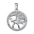 Pendentif en argent rhodi&eacute; rond avec signe du zodiaque Lion et contour d'oxydes blancs sertis
