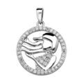 Pendentif en argent rhodi&eacute; rond avec signe du zodiaque Vierge et contour d'oxydes blancs sertis