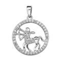 Pendentif en argent rhodi&eacute; rond avec signe du zodiaque Sagittaire et contour d'oxydes blancs sertis