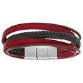 Bracelet en acier et cuir bovins multifils rouge, marron et tresse noire - 20cm+1cm double fermoir
