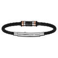 Bracelet en cuir bovin tress&eacute; noir avec &eacute;l&eacute;ments en acier et PVD rose - 22cm ajustable 20cm Artemare