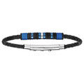 Bracelets sur Artemare : Bracelet en cuir bovin tress&eacute; noir avec &eacute;l&eacute;ments en acier et PVD bleu - 22cm ajustable 20cm