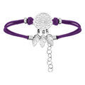 Bracelet en argent rhodi&eacute; cha&icirc;ne avec cordon violet et attrape r&ecirc;ve 16+3cm
