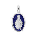 Pendentif en argent rhodi&eacute; m&eacute;daille ovale vierge miraculeuse sur fond bleu fonc&eacute;