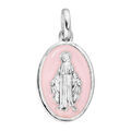 Pendentif en argent rhodi&eacute; m&eacute;daille ovale vierge miraculeuse sur fond rose pale Artemare