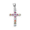 Pendentif en argent rhodi&eacute; Croix empierr&eacute;e multi-couleur arrondies