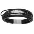 Bracelet en acier et cuir plusieurs rangs noir avec plume 20,5cm