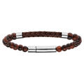 Bracelet en acier avec perles en Oeil de tigre et cuir marron tress&eacute; 20,5cm