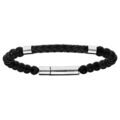 Bracelet en acier avec perles noir et cuir noir tress&eacute; 20,5cm