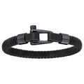 Bracelet en acier et PVD noir mat cuir noir tress&eacute; - fermoir viss&eacute; 20cm