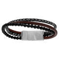 Bracelet en acier et cuir marron avec 2 chainages 20,5cm