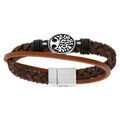 Bracelets sur Artemare : Bracelet en acier et cuir bovin tress&eacute; marron avec m&eacute;daillon arbre de vie patin&eacute;e - 22cm fermoir aimant&eacute;