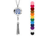 Collier avec Pendentif diffuseur de parfum m&eacute;daillon arbre de vie et pompon - r&eacute;glable 45 &agrave; 65cm