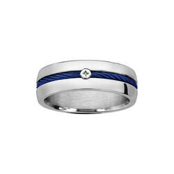 Bague en acier c&acirc;ble au centre bleu et vis