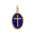 Pendentif en plaqu&eacute; or ovale Croix sur fond bleu fonc&eacute;
