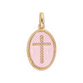 Pendentif en plaqu&eacute; or ovale Croix sur fond rose p&acirc;le