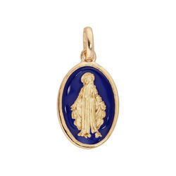 Pendentif en plaqu&eacute; or ovale vierge miraculeuse fond bleu fonc&eacute;